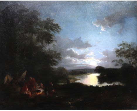 "Bivouac au claire de lune" Large oil on canvas, 19th century. Unsigned. - Weight: 8.10 kg - Shipping unavailable - Sizes: H 