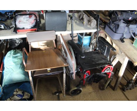 A folding self propelled wheel chair (lacking back rest) and a commode chair etc