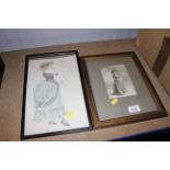A framed sketch of a lady and a black and white ph