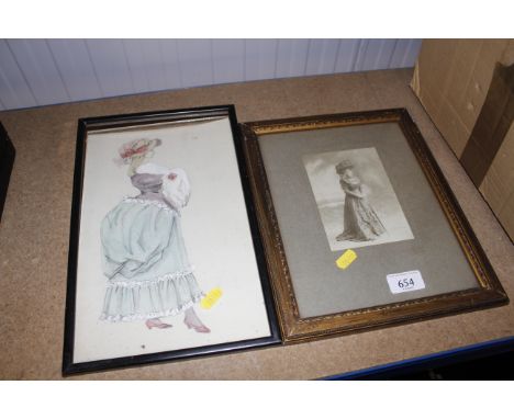 A framed sketch of a lady and a black and white photographic print of a lady