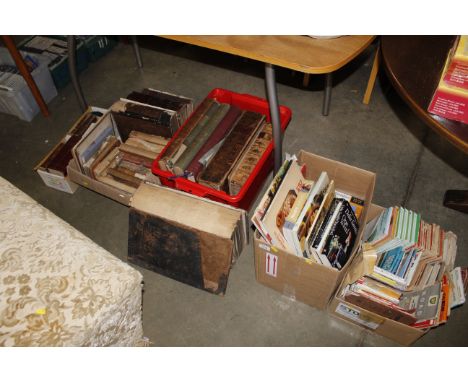 Five boxes containing leather bound and other books including London Illustrated News, Mrs Beatons Household management, Ordn
