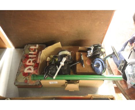 A K.P.Morritts Intrepid Surf cast vintage fishing reel, a Mitchell 302 salt water fishing reel and various other fishing rela