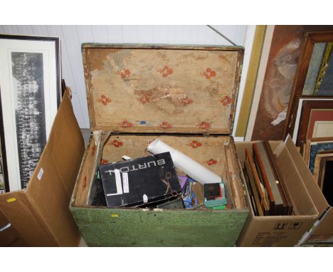 A wooden trunk and contents to include dolls; soft toys; Solitaire board etc