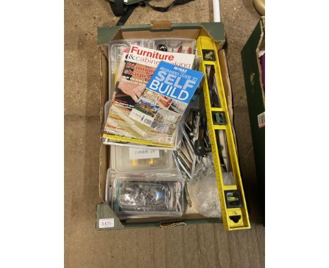 A box containing tools to include spirit level, clamp, hinges, Parkside fleece flap wheel set,&nbsp; hinges, kitchen unit hin