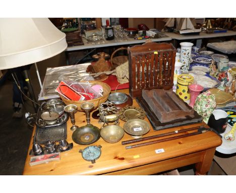 A spice rack; oak cased barometer; various metalware etc