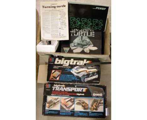 Boxed MB Big Trak Electronic Vehicle and boxed MB Big Trak Accessory Dump Unit plus a boxed Valiant Turtle BBC computer robot