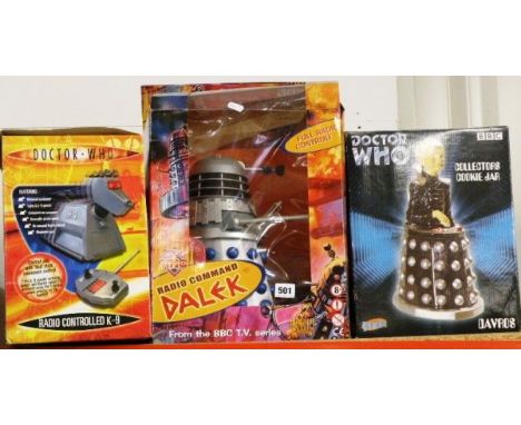 Two boxed BBC Doctor Who Radio Controlled Dalek's, boxed radio controlled K-9 and two boxed Cookie Jars including Dalek and D