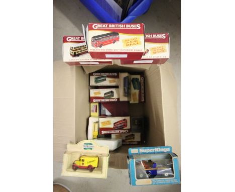 17 Boxed die-cast vehicles including Great British Buses x 9, Matchbox Super Kings K-6 Motor-Cycle Transporter, Corgi 36701 L