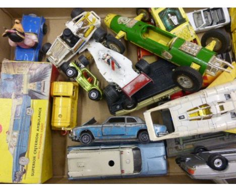 Tray of vintage play worn die-cast vehicles including Triang Mini Hi-Way Series, Corgi Penguin mobile etc
