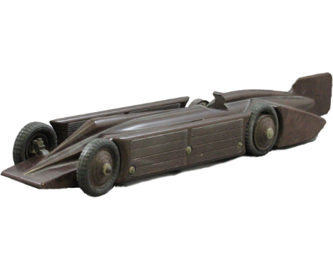 Early Ranlite Bakelite Golden Arrow clockwork vehicle in mottled maroon 16.5" approx in length, one tyre missing, vg display 