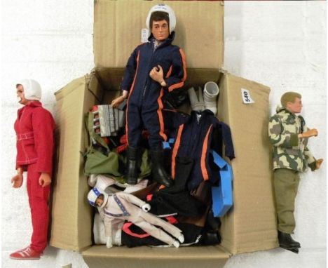 Two vintage Action Man dolls with accessories and clothing plus a Six Million Dollar Man and Evil Knievel doll 