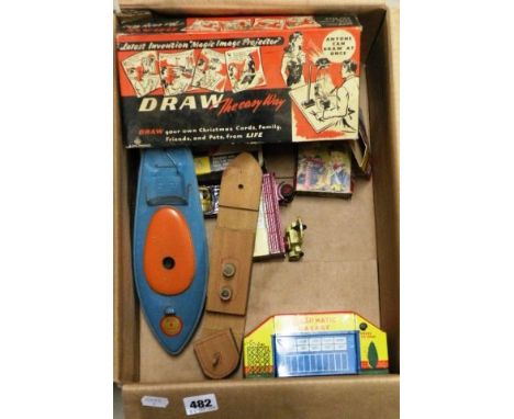 Group of vintage toys including tin plate 'auto'matic garage with three cars, boxed Lego System with trees, Budgie Toys Scamm