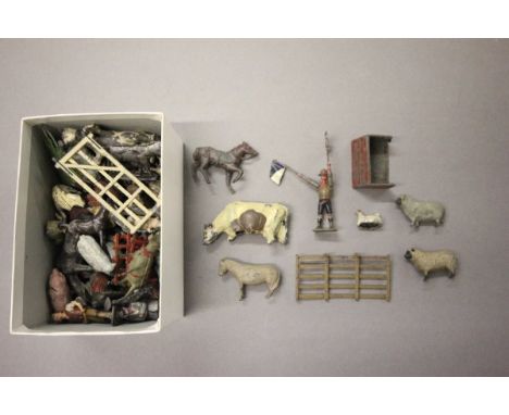 Quantity of vintage lead farming figures including animals and accessories plus a bear