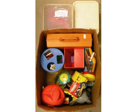 Group of vintage childrens toys including Fisher Price Tool Box, building blocks, FP Music Box etc