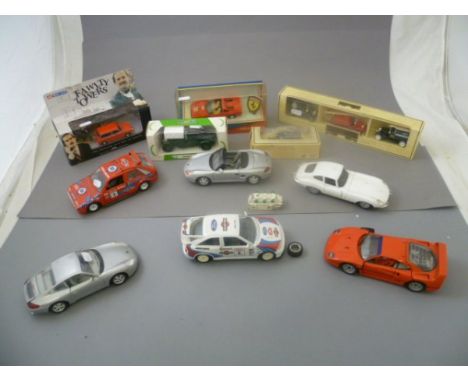 Group of boxed and loose die-cast vehicles including boxed Corgi Fawlty Towers, boxed Corgi Ferrari 308 GTS, Majorette, Mobil