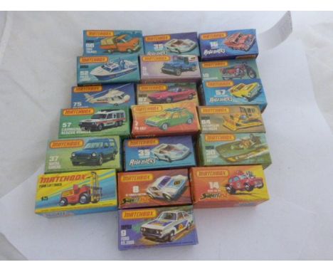 19 Boxed Matchbox 75 vehicles including Superfast and Rolamatics including 5 US Mail, 7 VW Golf, 8 DE Tomaso Pantera, 9 Ford 