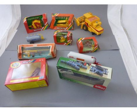 Six boxed vintage Britains farming vehicles and implements including 9567 Chafer Sprayer, 09589 Vicon Grass Mower, 9543 Push-