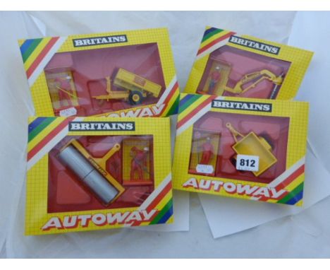 Four boxed Britains Autoway diecast construction sets including 9835 Tipping Trailer, 9832 Post-Hole Digger, 9831 Heavy Rolle