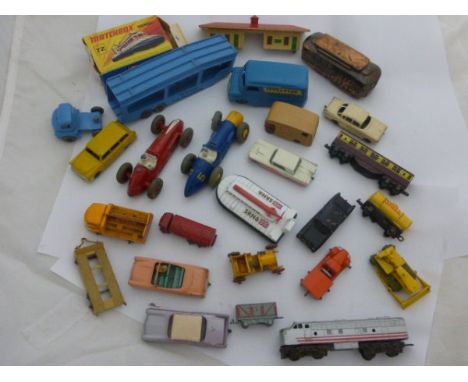 Tin of vintage die-cast vehicles in good play-worn condition including Dinky 234 Ferrari, Dinky 231 Maserati, Dinky Ovaltine 