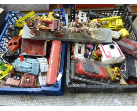 Two trays of mixed vintage play worn die-cast vehicles including Corgi, Dinky etc