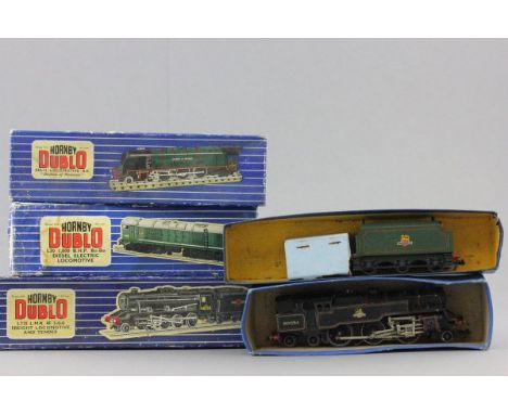 Four boxed Hornby Dublo engines including EDL12 BR Duchess of Montrose, L30 BHP Bo-Bo Diesel Electric Locomotive, LT25 LMR 8F