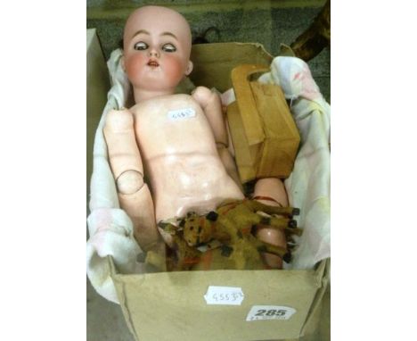 Simon & Halbig doll marked K R in need of restoration plus circa 1930's reindeer & sleigh Christmas decorations