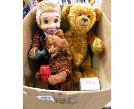 Two boxed Steiff Ceramic Miniature boutique bears, tin plate mechanical barman, vintage honey bear and Netties bear