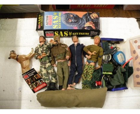 Good selection of vintage Action Man dolls and accessories including 7 dolls (two missing heads), SAS Key Figure box, numerou