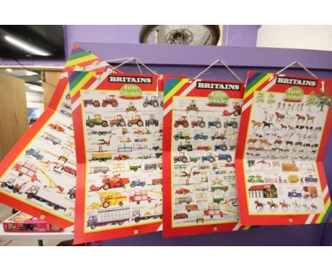 Set of four original vintage Britains Farming advertising display cards including 74 Farm Models x2 (different variants), 86 