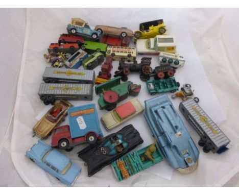 Good selection of vintage die-cast play worn vehicles including Dinky, Corgi and Lesney featuring Corgi Batmobile with both f