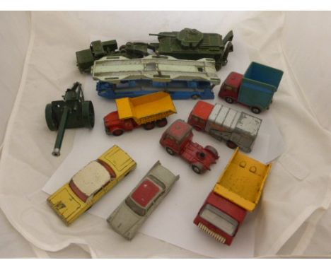 Ten vintage play worn die cast vehicles incliuding Dinky, Corgi, Tonka and Lesney featuring military and commercial
