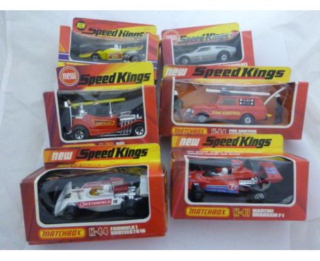 Six boxed Matchbox Speed Kings including K-56 Maserati Bora, K-44 Formula 1 Surtees TS16, K-41 Martini Brabham F1, K-34 Thund