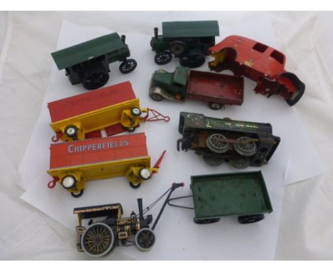 Group of vintage die-cast and tin plate vehicles including Triang Minic clockwork engine x2, Hornby O gauge engine, Corgi Chi