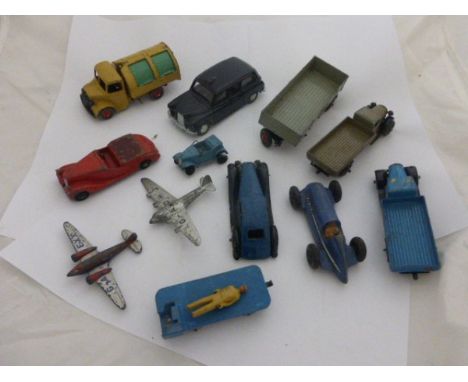 11 Vintage play worn Dinky die-cast vehicles including Bedford, Mercury Seaplane, The King's Aeroplane, BEV Truck etc