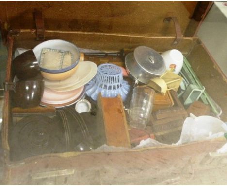 Suitcase of vintage dolls house furniture plus childs tea service and kitchen utensils