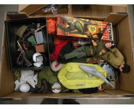 Quantity of vintage Palitoy Action Man including boxed Soldier (box top lid repaired), weapons, clothing, unboxed doll etc