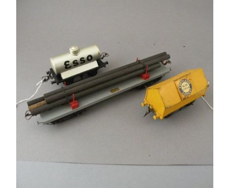 Five boxed O gauge Hornby wagons including No 1 ESSO Tank, R154 Cement Wagon, RS669 No 2 Lumber Wagon, No 1 Rotary Tipping Wa