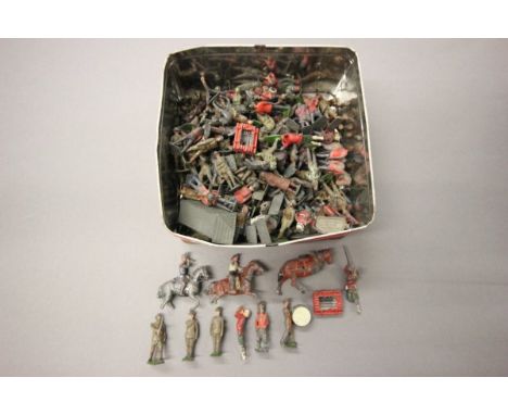 Tin of vintage play worn metal soldiers including Britains, French and JH featuring Egyptians, Scots Guards etc