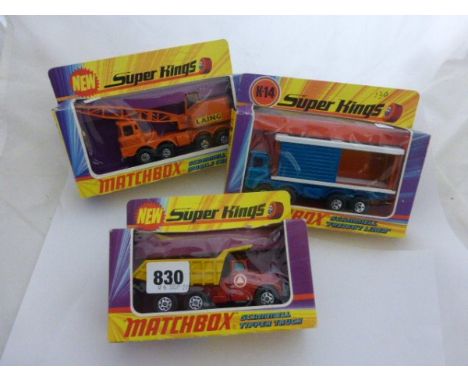 Three boxed Matchbox Super Kings Commercial vehicles including K-14 Scammell Frieghtliner, K-19 6 Wheeled Sand Tipping Truck 