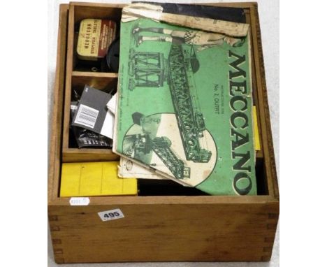 Box of vintage Meccano including motor, No 2 Outfit instructions etc