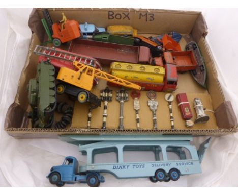 Tray of vintage play worn Dinky die-cast vehicles mainly Commercial including AEC Monarch Thompson Tank Shell, Coventry Clima