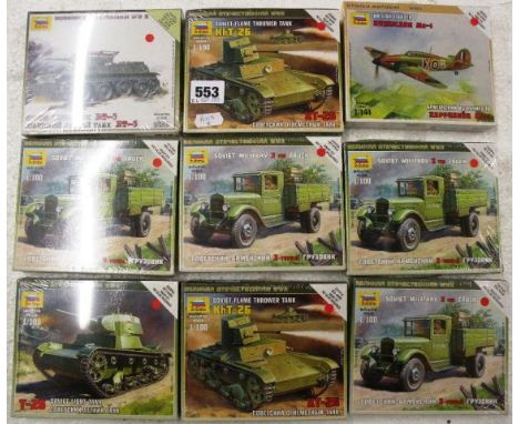 Nine boxed & sealed Zvezda 1/100 scale military model kits including a British Fighter and 8 x Soviet vehicles