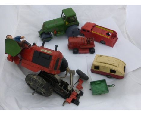 Six play worn vehicles including Minic No. 2 Tractor (requires repair), Minic Aveling Barford, Minic Caravan, Dinky Supertoys