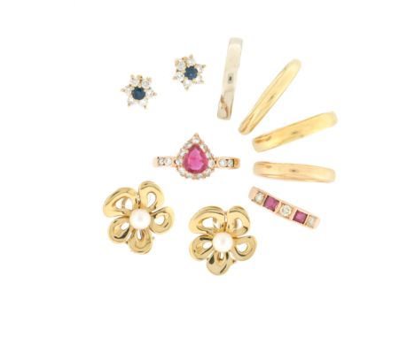 A quantity of jewellery items, including four gold wedding bands, a ruby and diamond-set gold half-hoop ring, a pear-shaped r