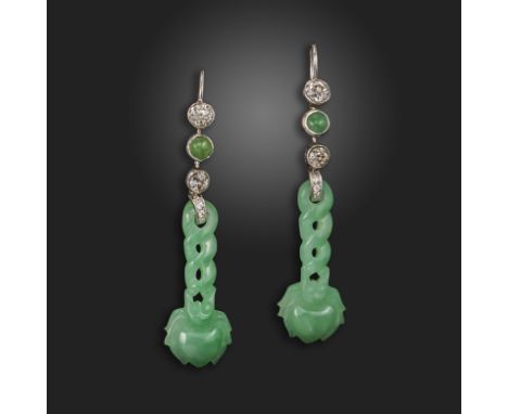 A pair of jade and diamond earrings, the carved jadeite drops depicting a small creature suspended from articulated tops set 