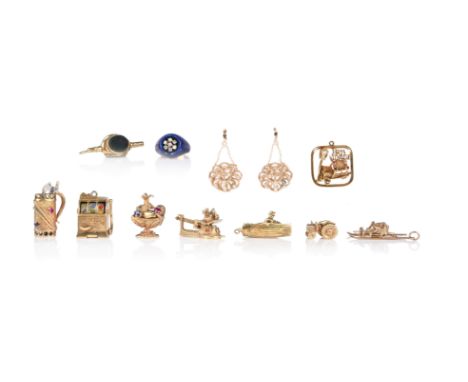 A group of jewels, including; a collection of mid-century hallmarked 9ct gold charms; a man in a top hat in a row boat piled 