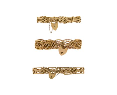 Three 9ct gold fancy gate-link bracelets, each with a 9ct gold padlock clasp, 89g