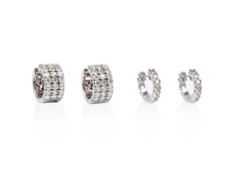 Two pairs of diamond-set hoop earrings, one pair by Mappin &amp; Webb, each hinged earring collet-set to the front with brill