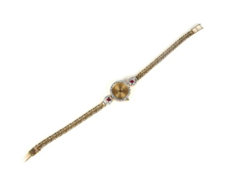 A lady's ruby and diamond wristwatch, Movado, set with brilliant-cut diamonds and circular-cut rubies, to a double fancy rope