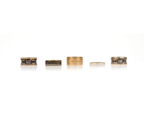 Five gold mourning rings, late 18th - early 19th century, three with black or white enamel decoration and mourning inscriptio